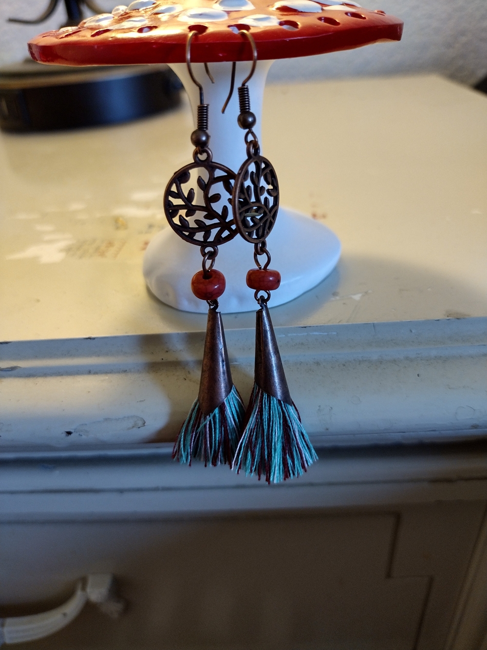 Boho Copper Tassel Drop Earrings with Turquoise Thread and Red Accent